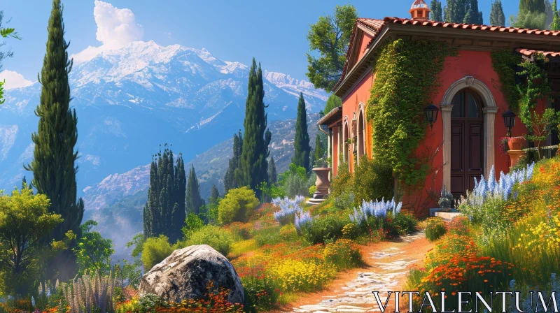 Tranquil Landscape with Stone House and Garden AI Image