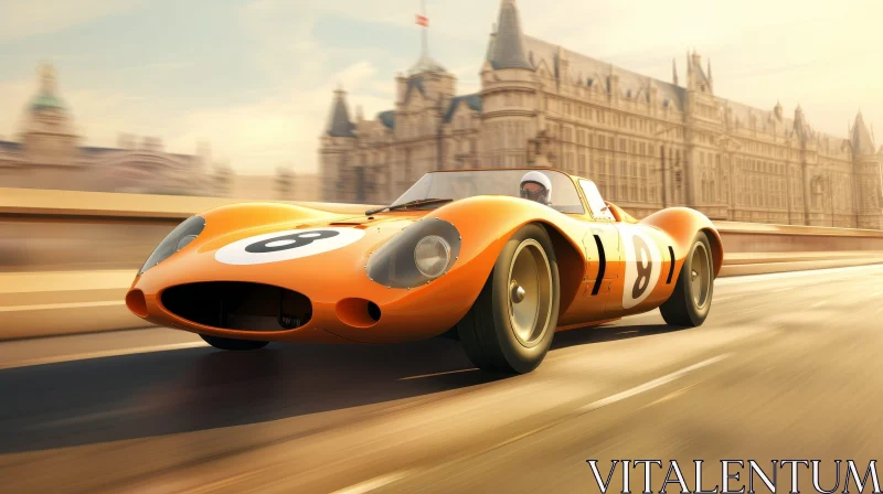 AI ART Vintage Orange Sports Car Speeding in Cityscape