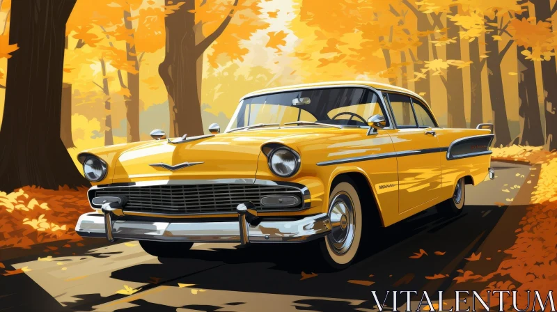 AI ART Vintage Yellow Chevrolet Bel Air Car Painting in Autumn