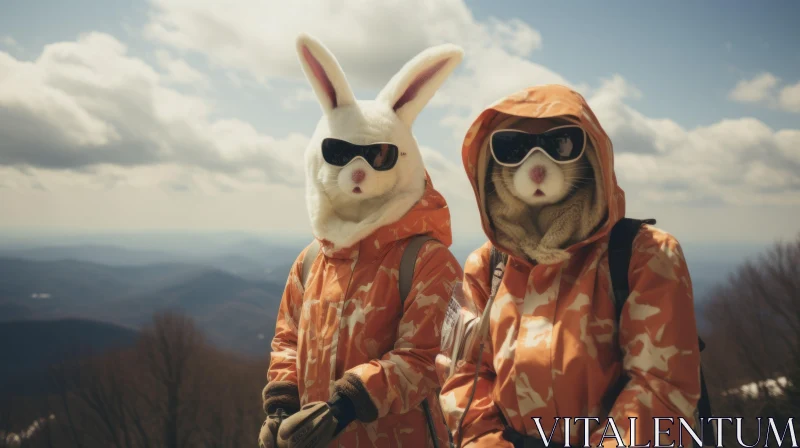 Whimsical Mountain-top Scene with Two Figures in Rabbit Costumes AI Image
