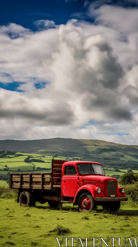 Charming Red Truck on Farm | Traditional British Landscape AI Image