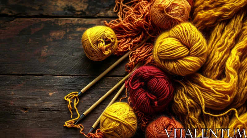 Colorful Yarn Balls on Wooden Table with Knitting Needles AI Image