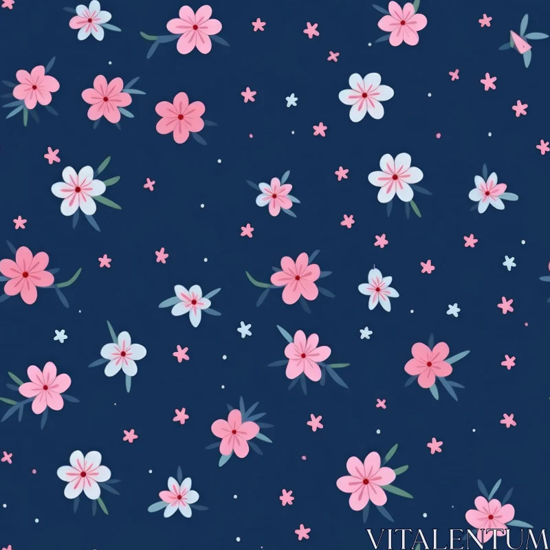 Hand-Drawn Floral Pattern on Dark Blue Background AI Image