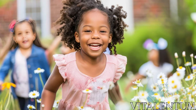 Joyful African-American Girl in Pink Floral Dress in Field of Daisies AI Image