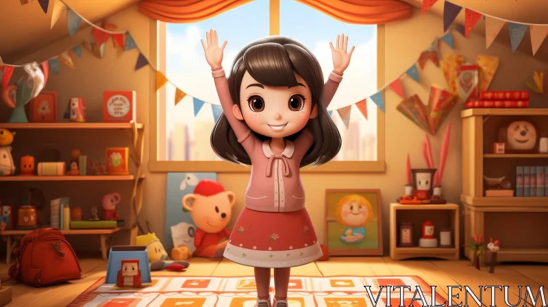 Joyful Cartoon Illustration of a Young Girl in a Colorful Room AI Image