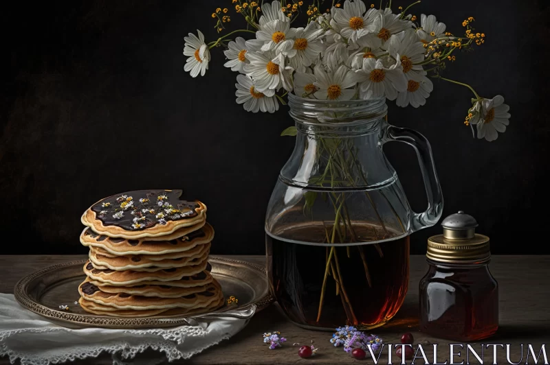 AI ART Meticulous Still Life: Pancakes in a Pot with Delicate Flowers