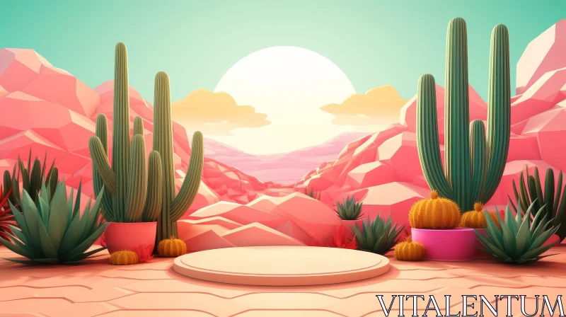 Pink and Blue Desert Scene with Sun and Cacti AI Image