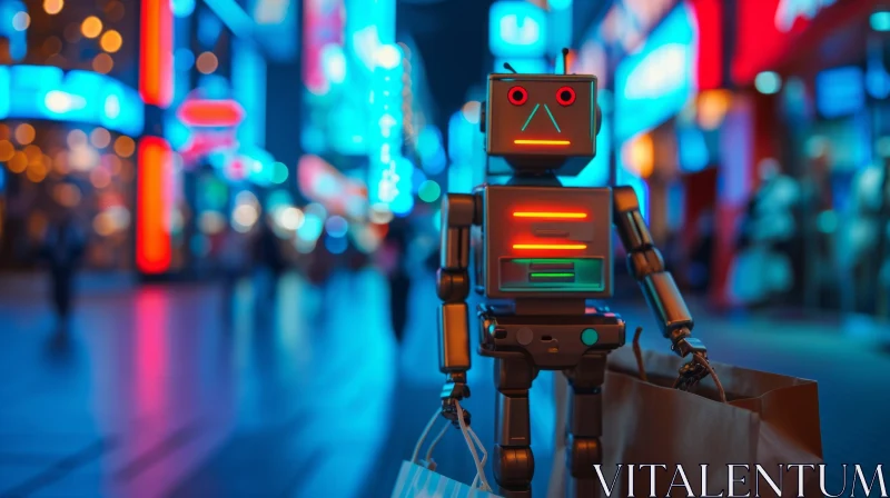 Robot Walking Down City Street at Night - 3D Rendering AI Image