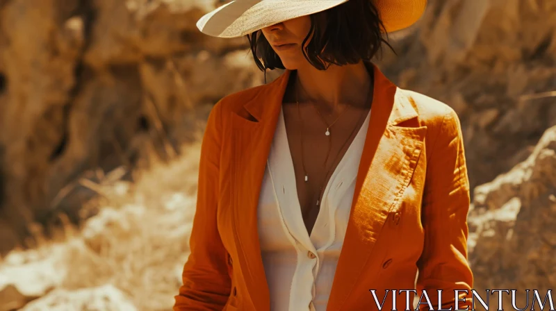 AI ART Stylish Woman in Orange Blazer: Captivating Desert Fashion