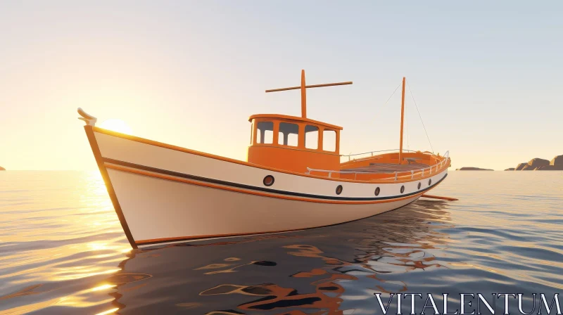 AI ART Tranquil Sunrise Scene: Fishing Boat in Calm Sea