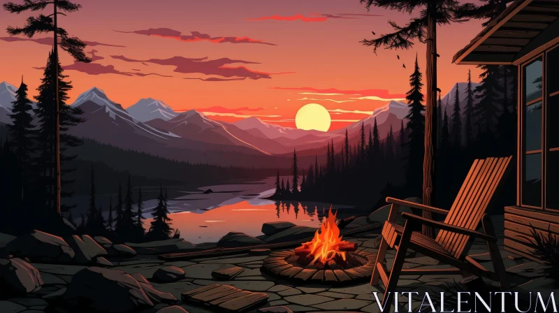 AI ART Tranquil Sunset Scene: Lake, Mountains, and Bonfire