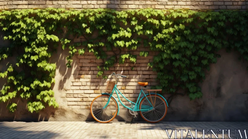 Vintage Bicycle in Front of Ivy-Covered Brick Wall AI Image