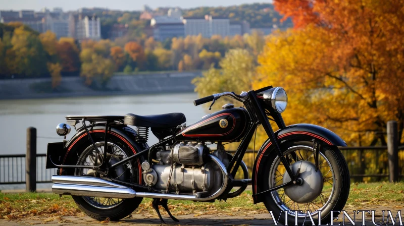 Vintage Black Motorcycle in Fall Setting AI Image