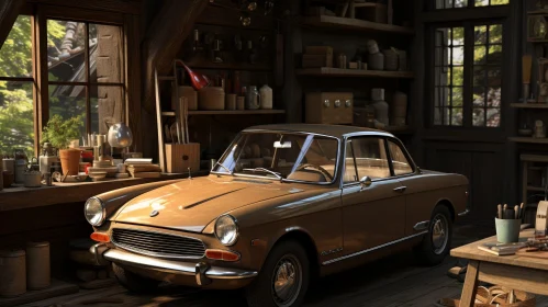 Vintage Brown Car in Cozy Wooden Garage