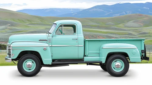 Vintage Green Pickup Truck on Field with Mountains