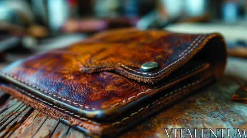 Brown Leather Wallet - Distressed Look - Wooden Table AI Image