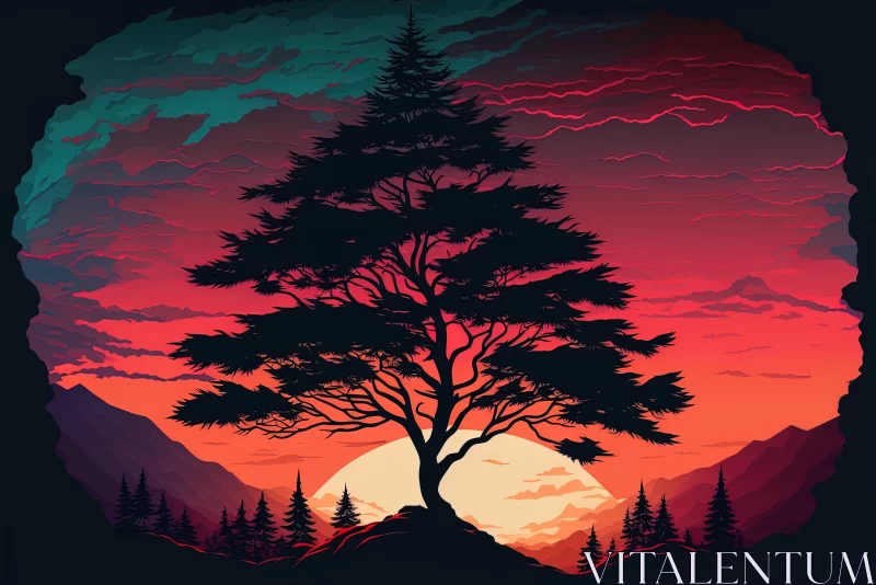 Captivating Sunset Landscape: Tree Illustration with Vibrant Colors AI Image