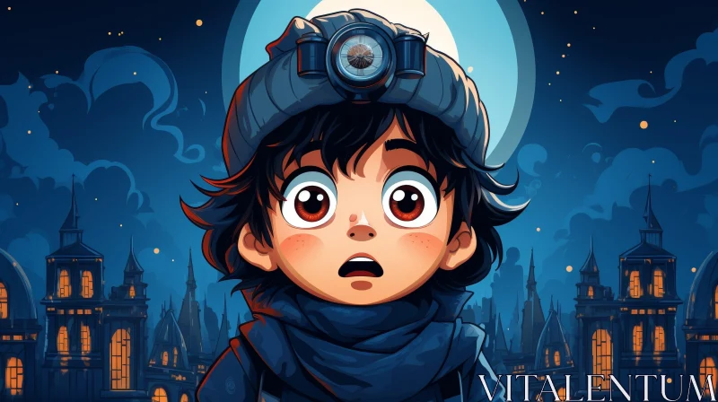 Cartoon Boy in Night City under Moonlight AI Image