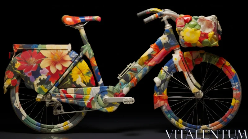 Colorful Floral Pattern Bicycle on Black Background AI Image