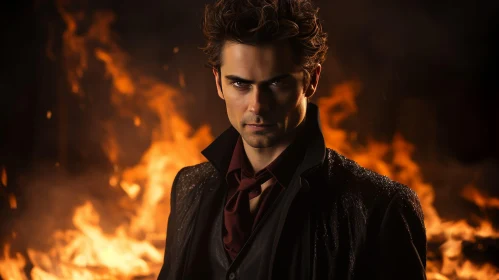Intense Portrait: Young Man in Black Suit Against Fire Background