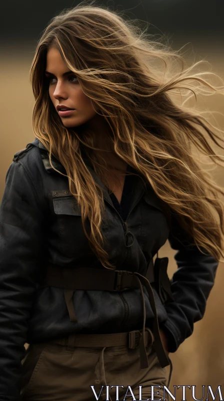 AI ART Long-Haired Woman in Dark Jacket amidst Field - Urban Edge Artistry