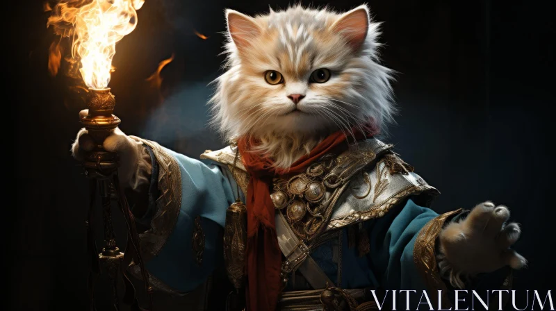 Majestic Medieval Cat with Flaming Torch AI Image