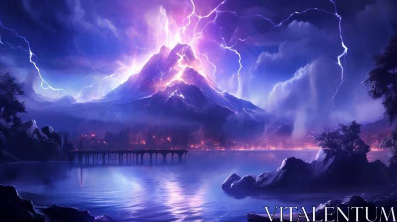 Majestic Volcano Eruption in Night Landscape AI Image