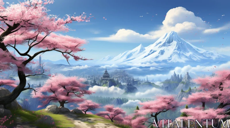Mountain Valley Landscape with Pink Cherry Blossoms AI Image