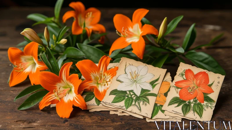 Orange Lilies Bouquet on Wooden Table with Vintage Botanical Illustrations AI Image