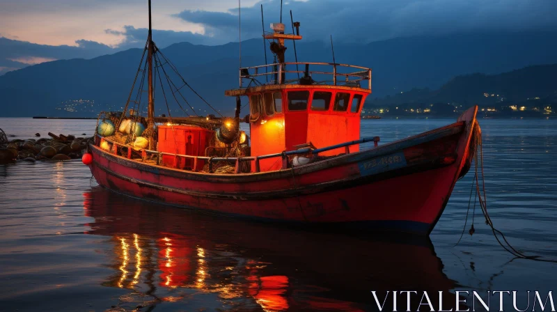Serene Night Scene: Red Fishing Boat in Calm Sea AI Image