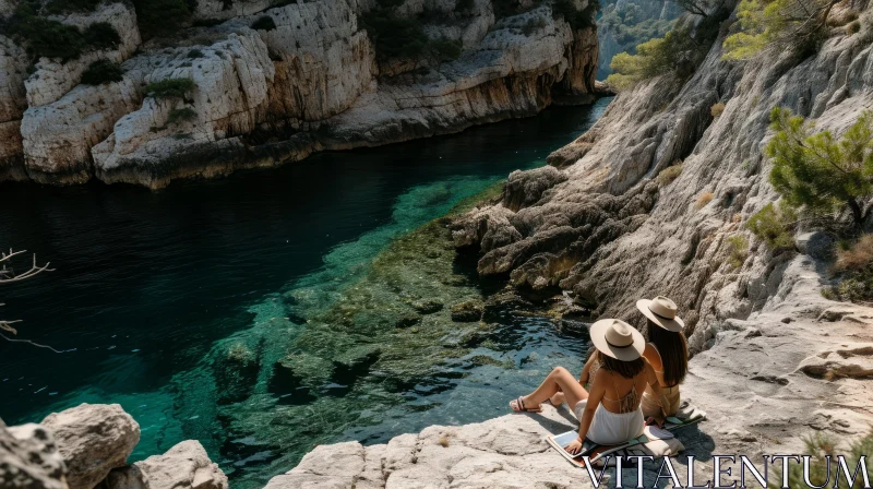 Serenity by the Water: Two Women Relaxing on a Rocky Shore AI Image