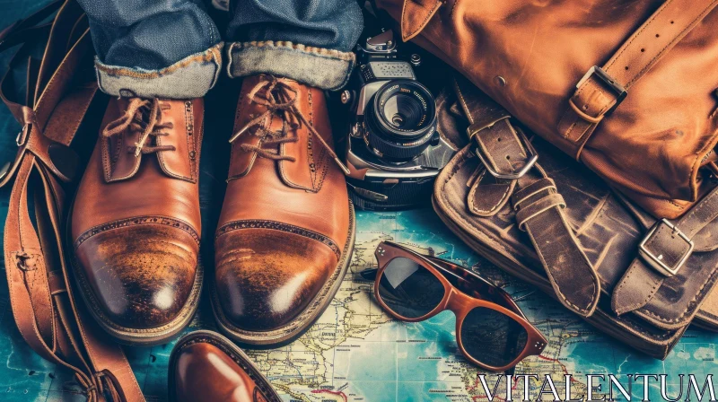 Vintage Travel Accessories on a World Map - Brown Leather Shoes, Bag, Camera, Sunglasses AI Image
