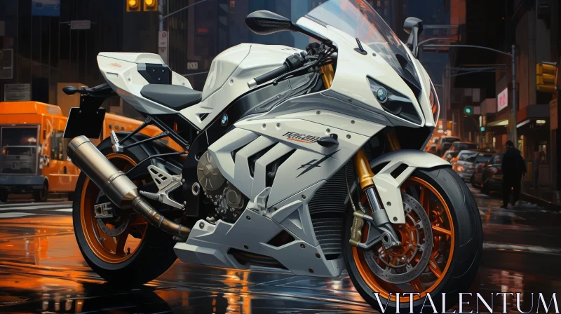 White and Grey BMW S1000RR Motorcycle Night City Digital Painting AI Image