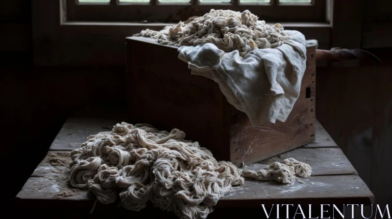 Wooden Table Still Life with White Yarn | Captivating Photography AI Image