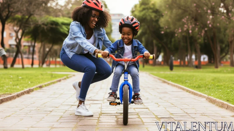 Young African-American Woman and Boy on Blue Balance Bike AI Image