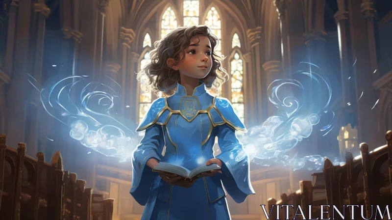 Young Girl in Church Painting AI Image