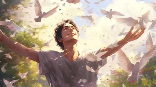 Young Man in Flower Field with White Doves - Joyful Nature Scene