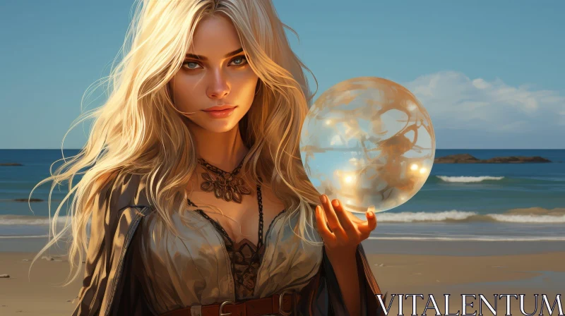Young Woman on Beach with Crystal Ball AI Image