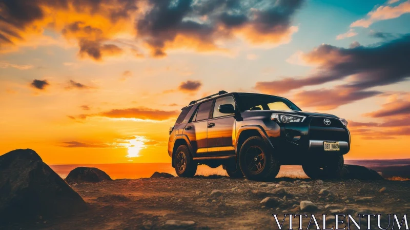 Black Toyota 4Runner SUV on Rocky Hilltop at Sunset AI Image