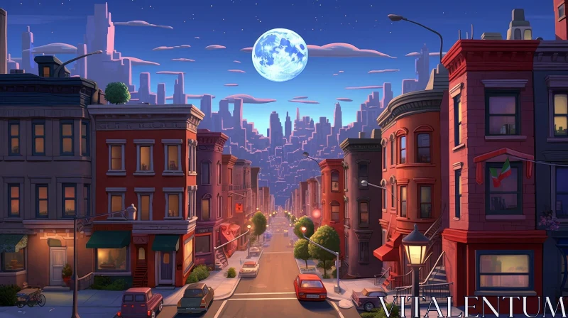Cityscape Night Painting - Peaceful Moonlit Urban Scene AI Image