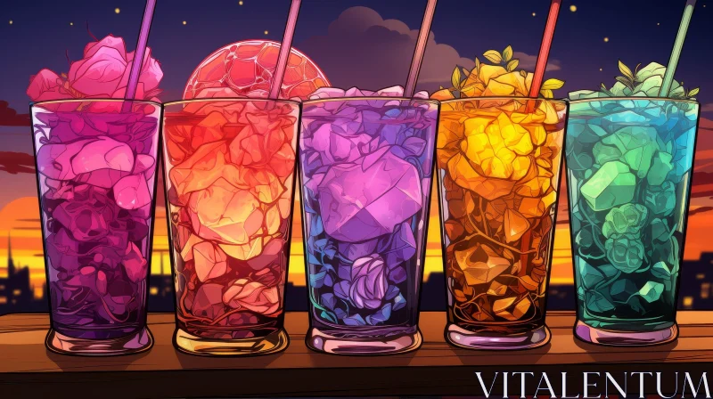 Colorful Cocktail Glasses Illustration at Sunset AI Image