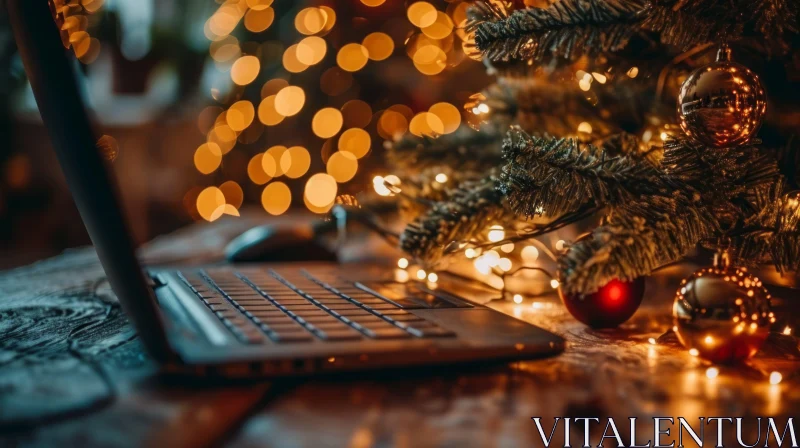 Cozy Christmas Scene with Laptop and Christmas Tree AI Image