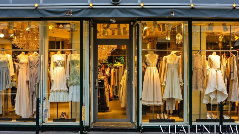 Elegant Clothing Store Front: Mannequins, Evening Gowns, Chandeliers AI Image
