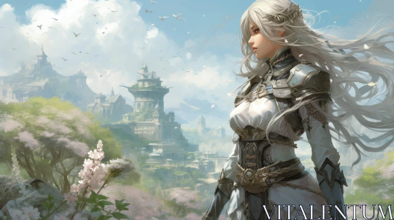 AI ART Enchanting Fantasy Digital Painting of Woman in Armor and Flowers