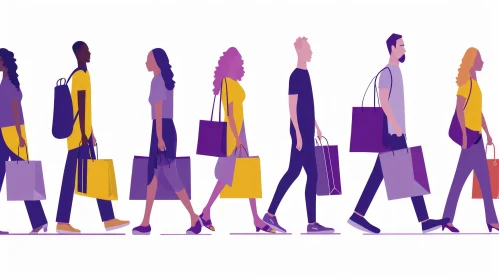 Group of People Walking in a Hurry | Casual Clothes | Shopping Bags