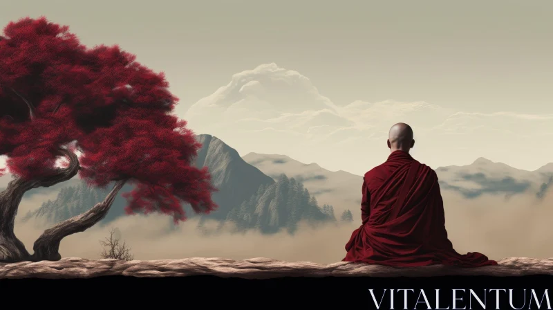 Meditating Monk on Cliff with Red Leaves AI Image