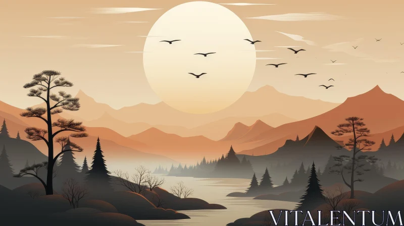Moonlit Landscape with Birds and Mountains AI Image