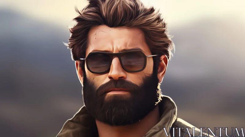 Serious Man with Beard and Sunglasses in Desert Background AI Image