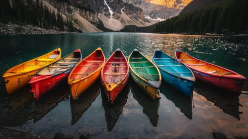 Tranquil Lake Sunset with Colorful Canoes