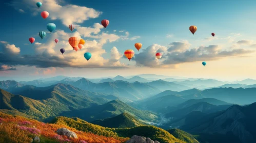 Tranquil Mountain Valley Landscape with River and Hot Air Balloons